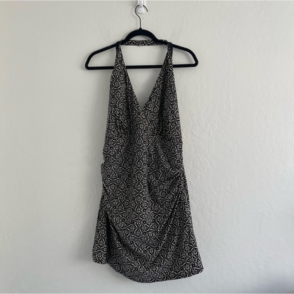 LL Bean Neutral Print Halter Swim Dress Padded Womens Plus Size 20W Cream Black